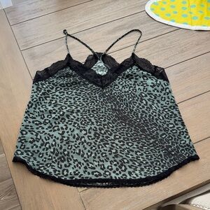 Womens Green Leopard Print Lace Trim Cami
